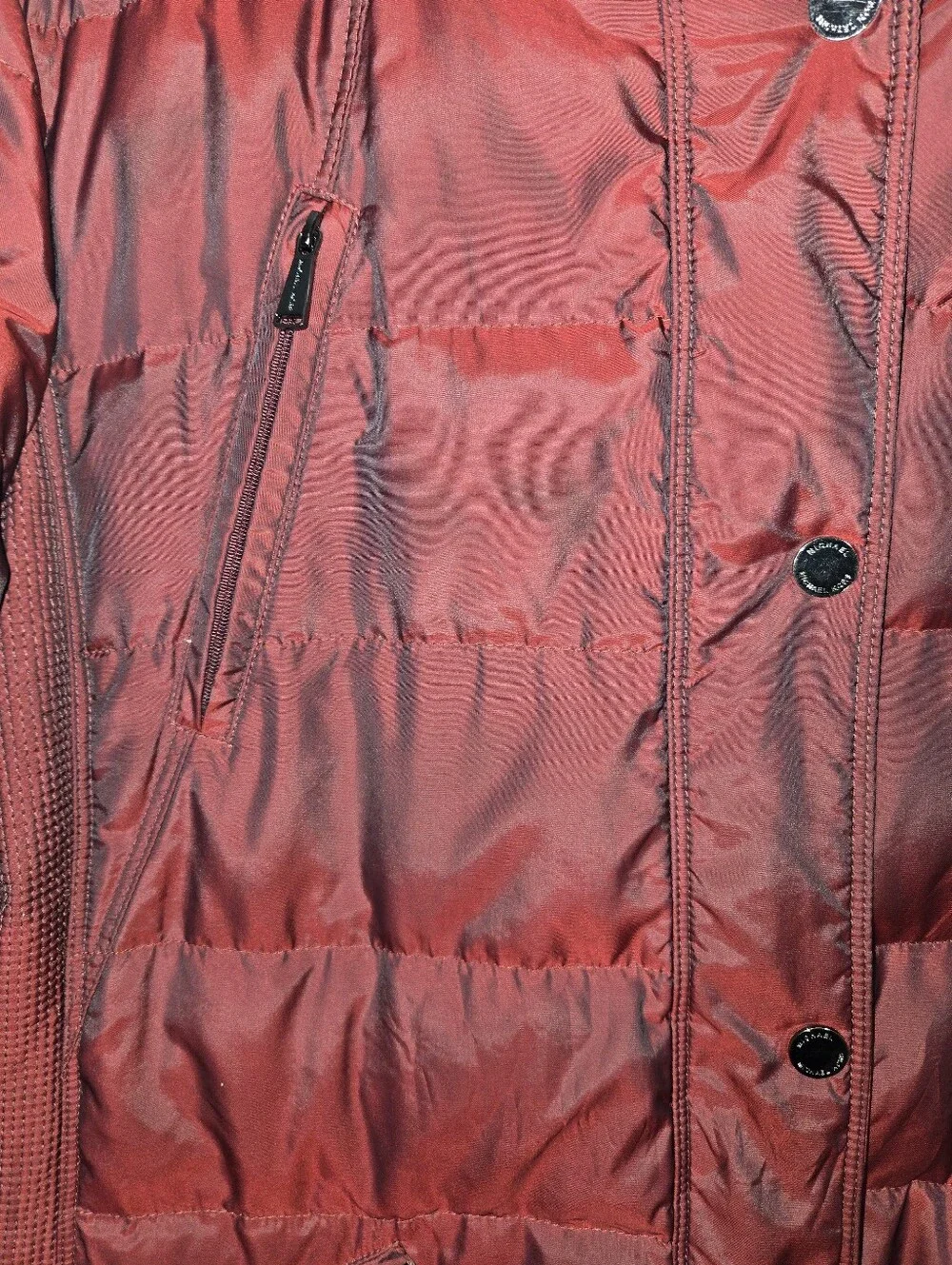 Michael Kors Quilted Puffer Mid Iridescent Burgundy High Collar Zip Jacket Sz XL